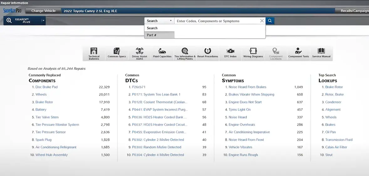 ShopKey® Pro results for 2022 Toyota Camry XLE – based on over 85,000 repair records. Requires a current Snap-on® Diagnostic Software and a ShopKey® Pro Information System Subscription