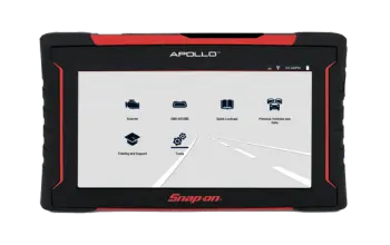 A auto technician connects the auto scan tool, APOLLO+™, to a vehicle and runs diagnostic tests.