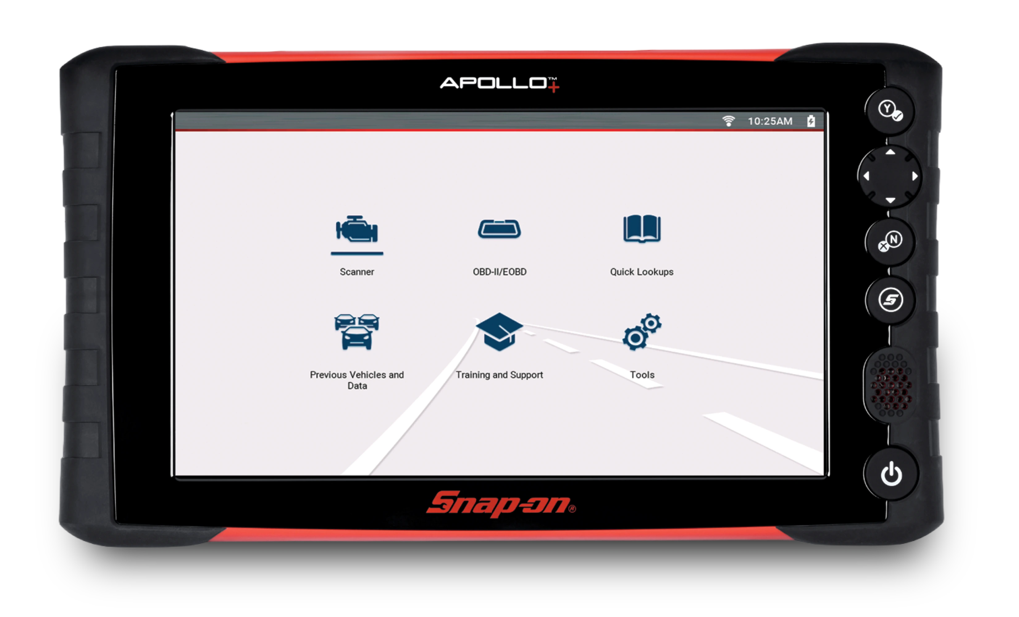 A auto technician connects the auto scan tool, APOLLO+™, to a vehicle and runs diagnostic tests.