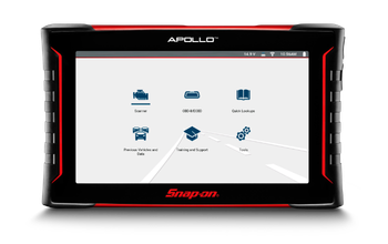 A auto technician connects the auto scan tool, APOLLO™, to a vehicle and runs diagnostic tests.