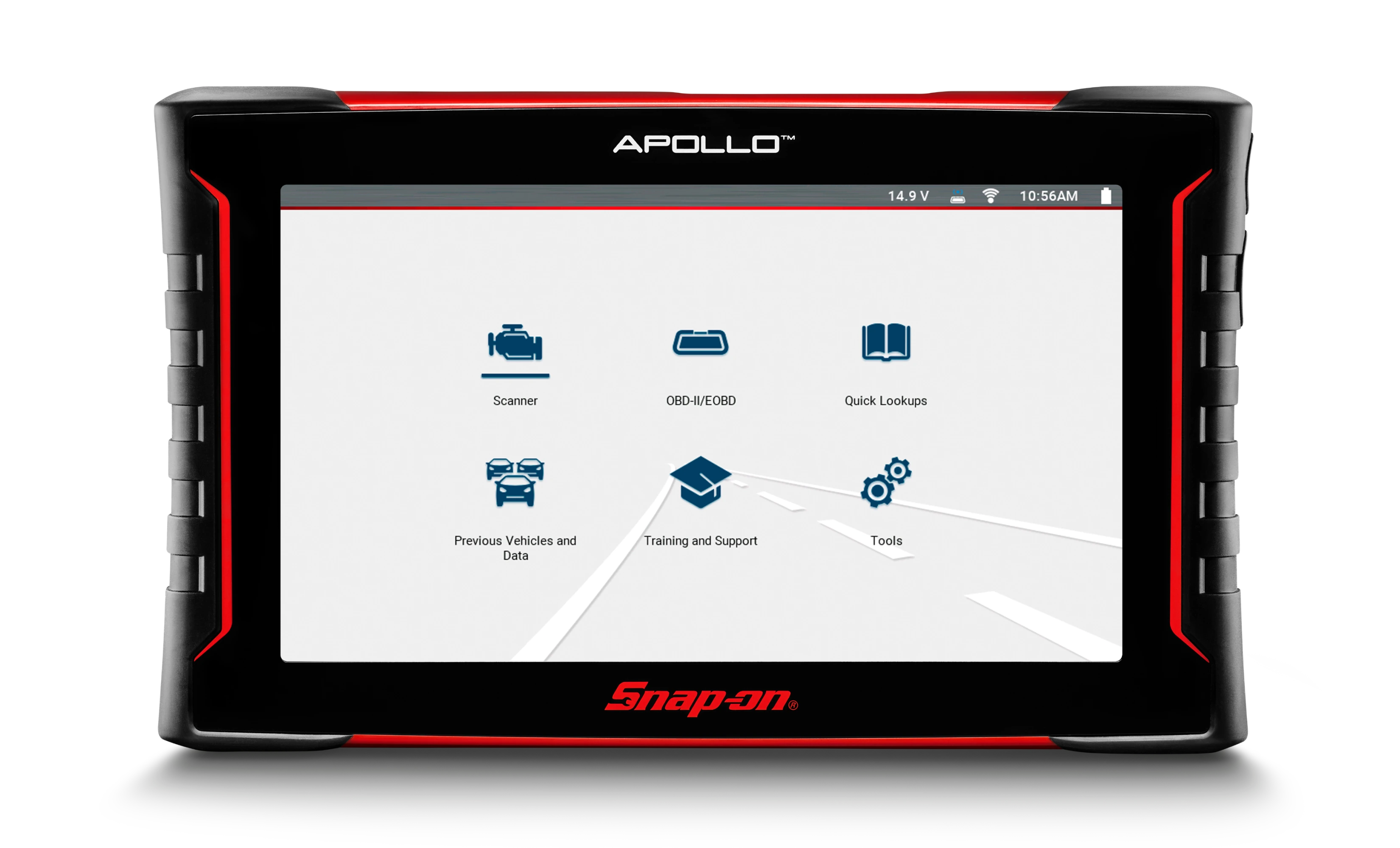 A auto technician connects the auto scan tool, APOLLO™, to a vehicle and runs diagnostic tests.