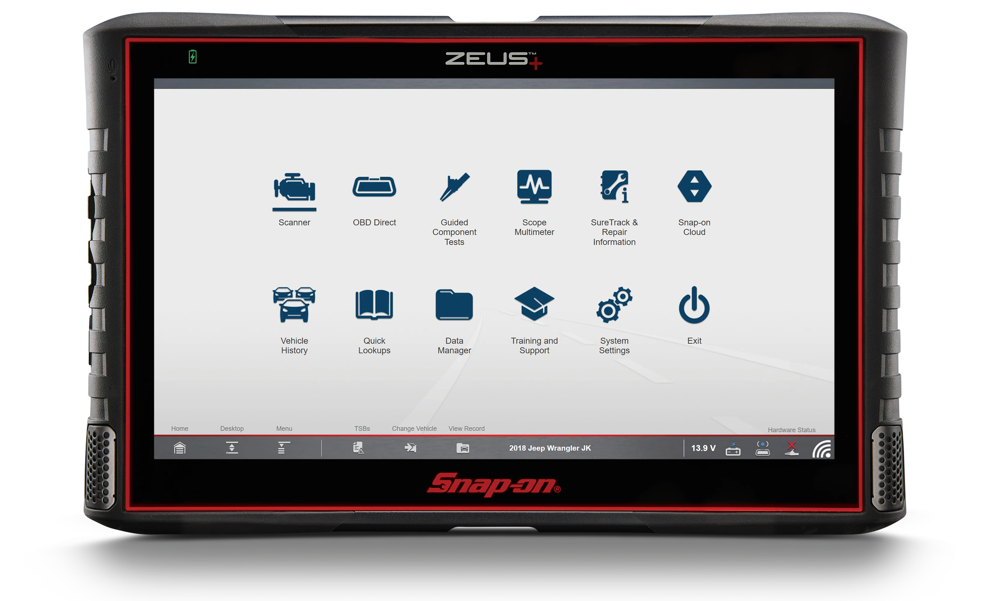 Flagship Diagnostic auto scan tool, ZEUS+™, is presented front and center between two technicians.