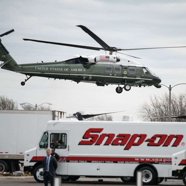Snap-on Franchisee truck with the Presidential helicopter Marine One flying overhead