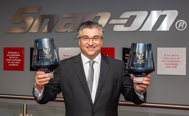 Mark Ost, UK General Manager for Diagnostics and Equipment at Snap-on, with the two crystal bowls presented to the company for winning two Queen's Awards for Enterprise in 2019. Picture credit: Paul Tibbs Photography.