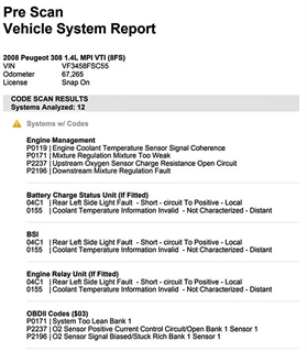 The pre-scan vehicle system report for this Peugeot 208 case study.